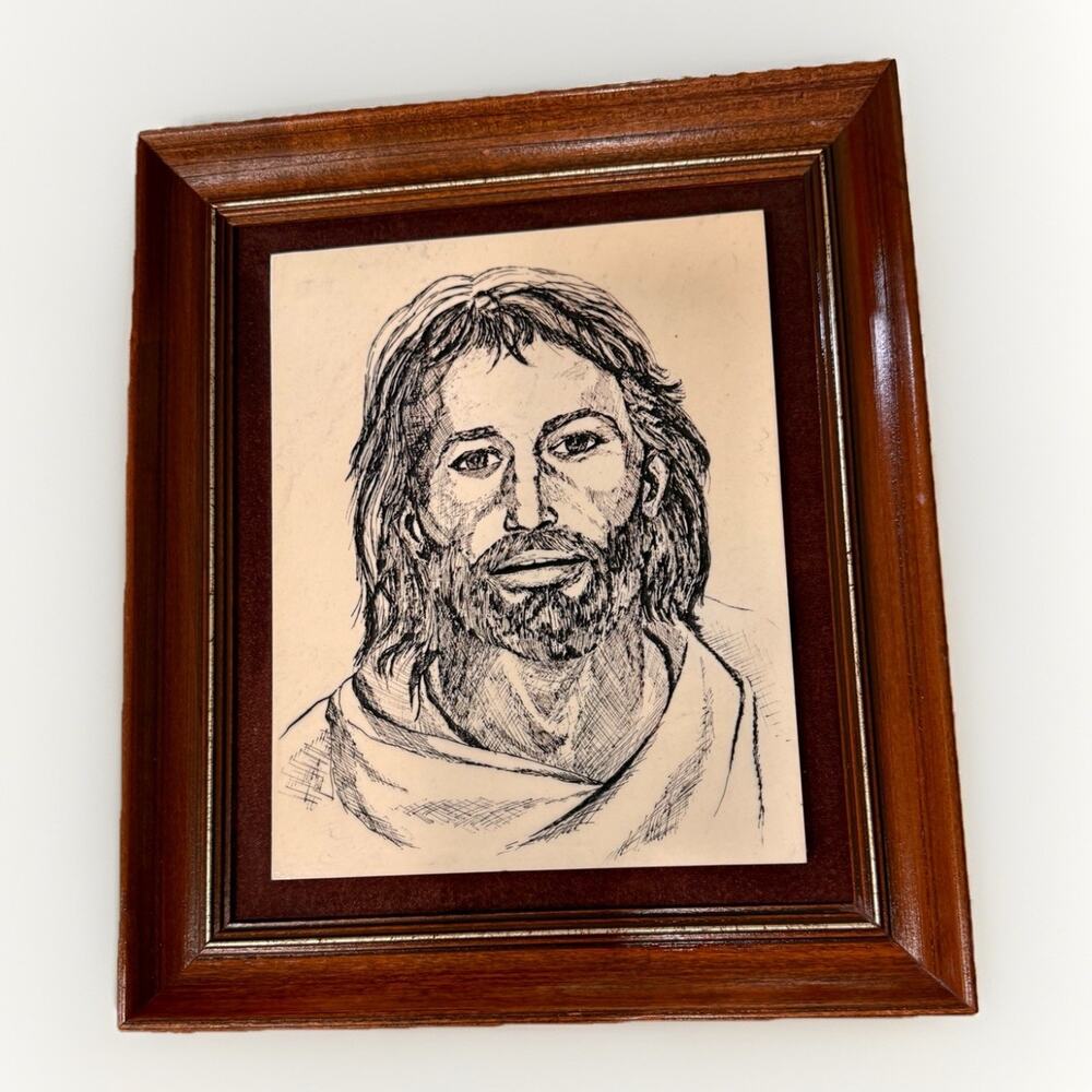 Vintage Marble Etched Art Tile Of Jesus Wood Framed With Gold Religious 14x12”